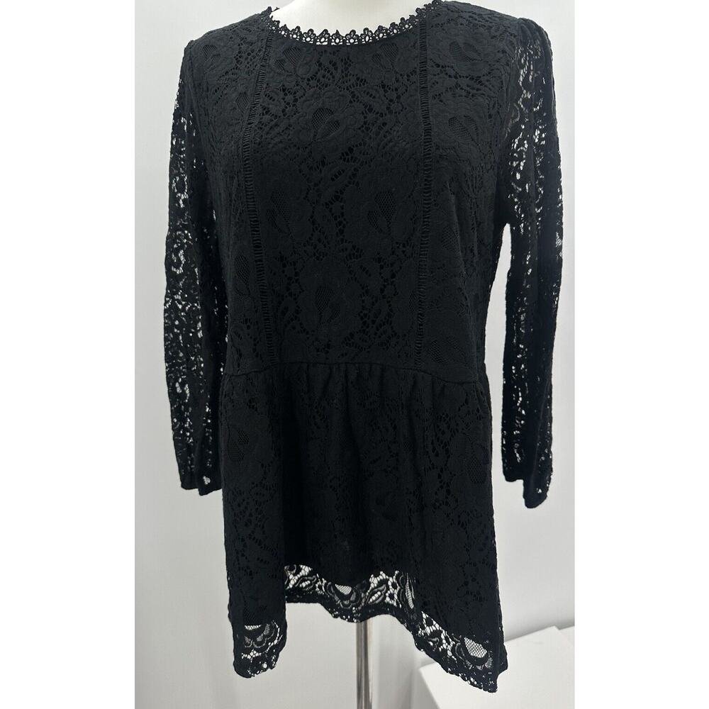 Andree womens medium Black Lace  tunic blouse long sleeve lace crochet boho